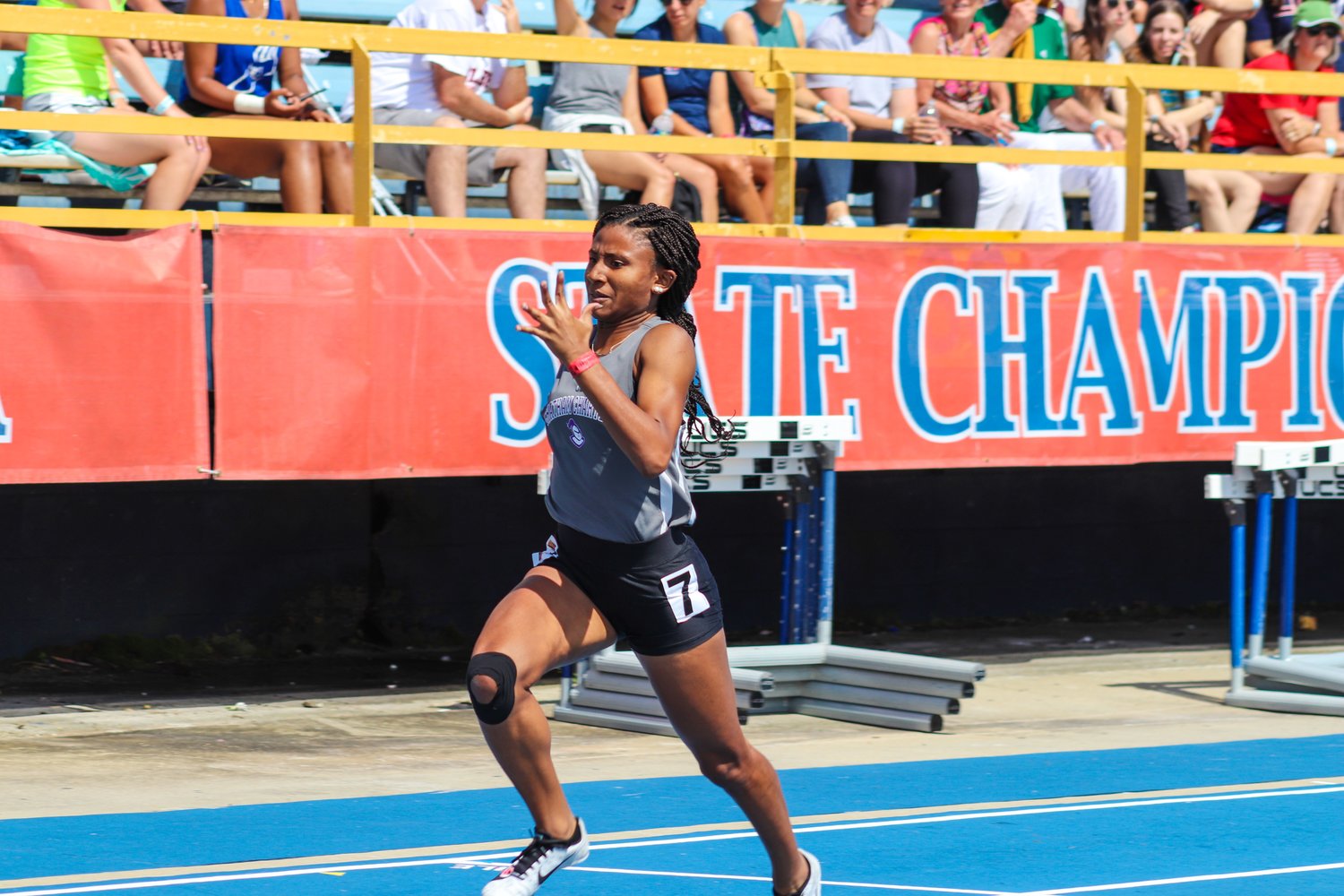 Chatham Charter sophomore Tamaya Walden hustles to the finish line in one of her three short-distance races at the 1A NCHSAA Track & Field State Championships at North Carolina A&T State University in Greensboro last Friday. Walden was one of two Knights that qualified for three or more events (Brooke Garner), placing 13th in the girls 100-meter dash (13.44), 9th in the girls 200-meter dash (26.96) and 9th in the girls 400-meter dash (1:02.60).